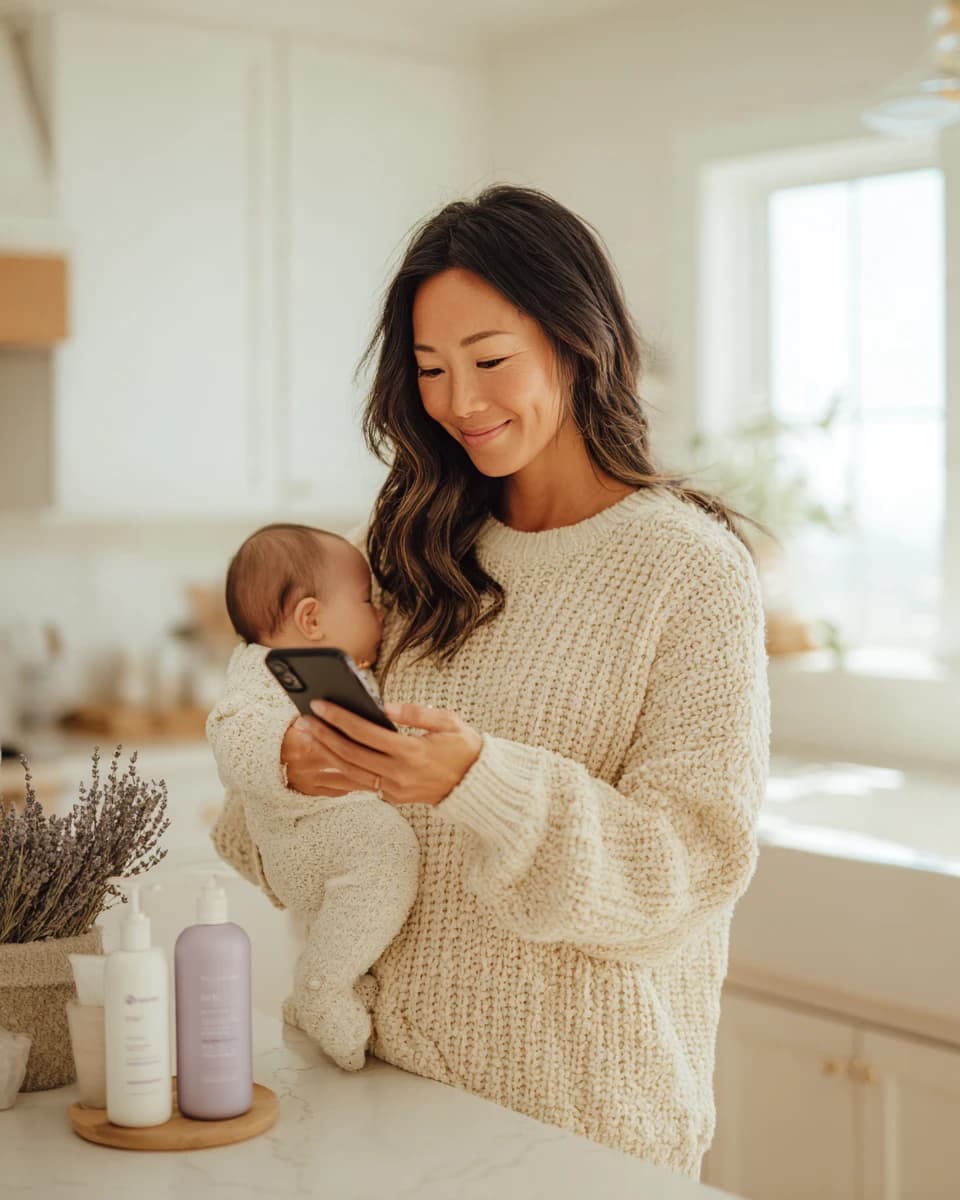 Young mother holding her baby and looking at her smartphone in the kitchen