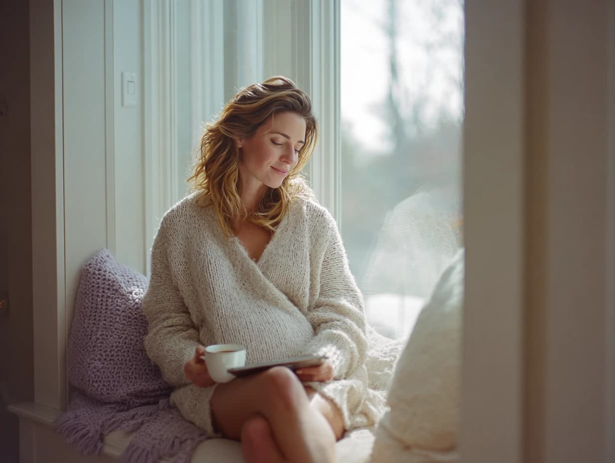 Pregnant woman sitting in a window seat with tea and a tablet