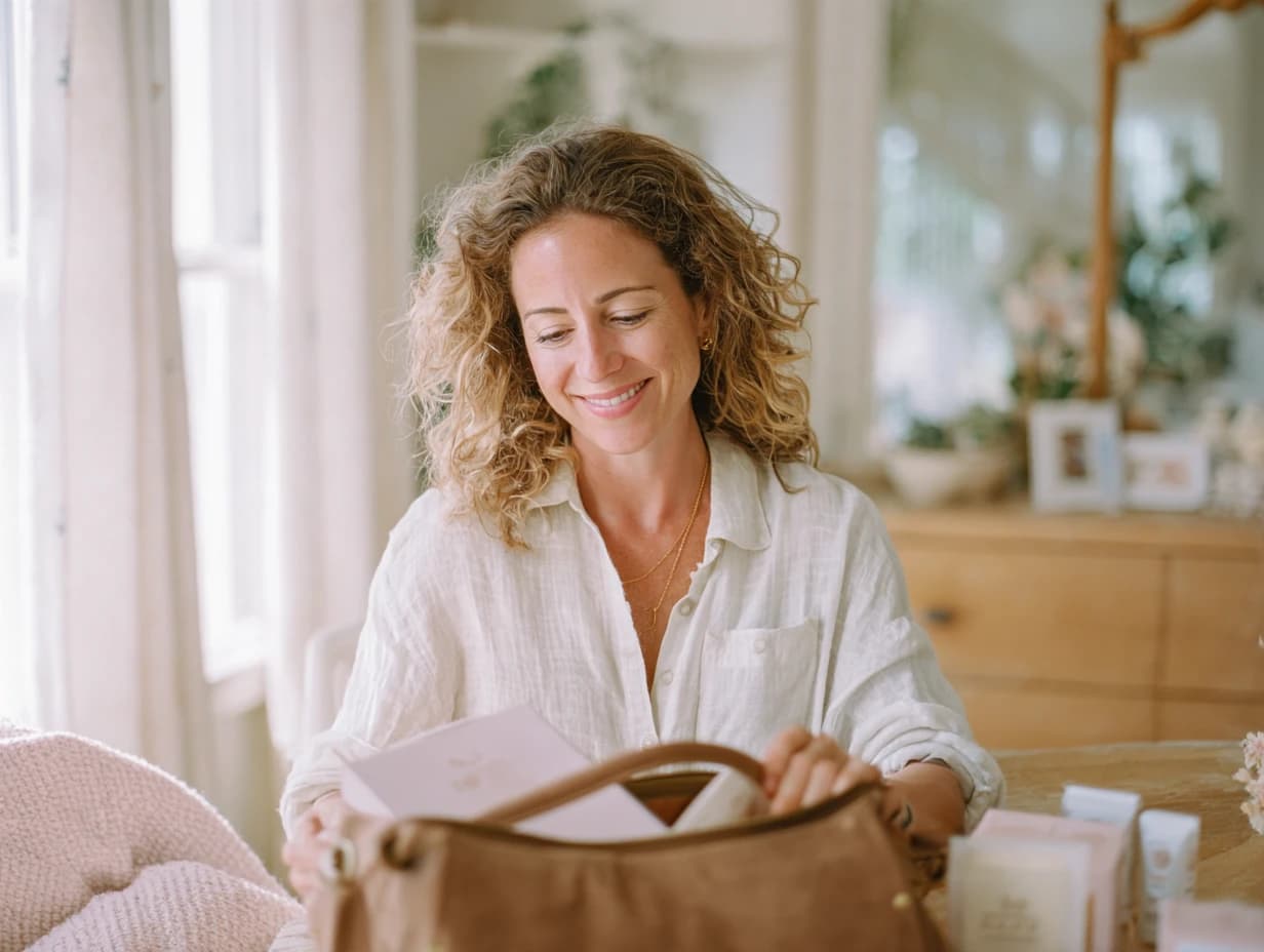 Midwife unpacking product samples from her leather bag