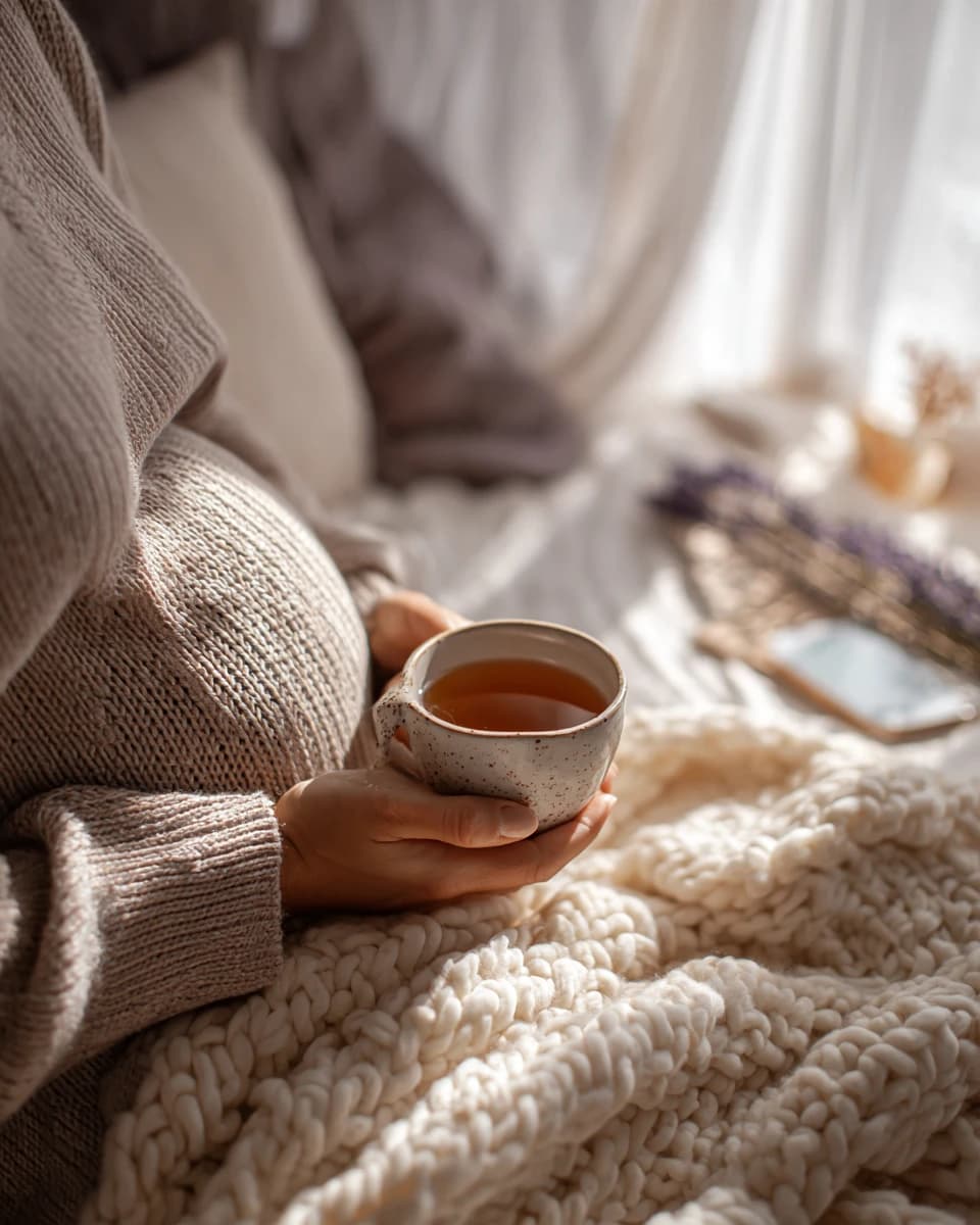 Nahaufnahme: Hände mit Teetasse und Handy auf einer Decke