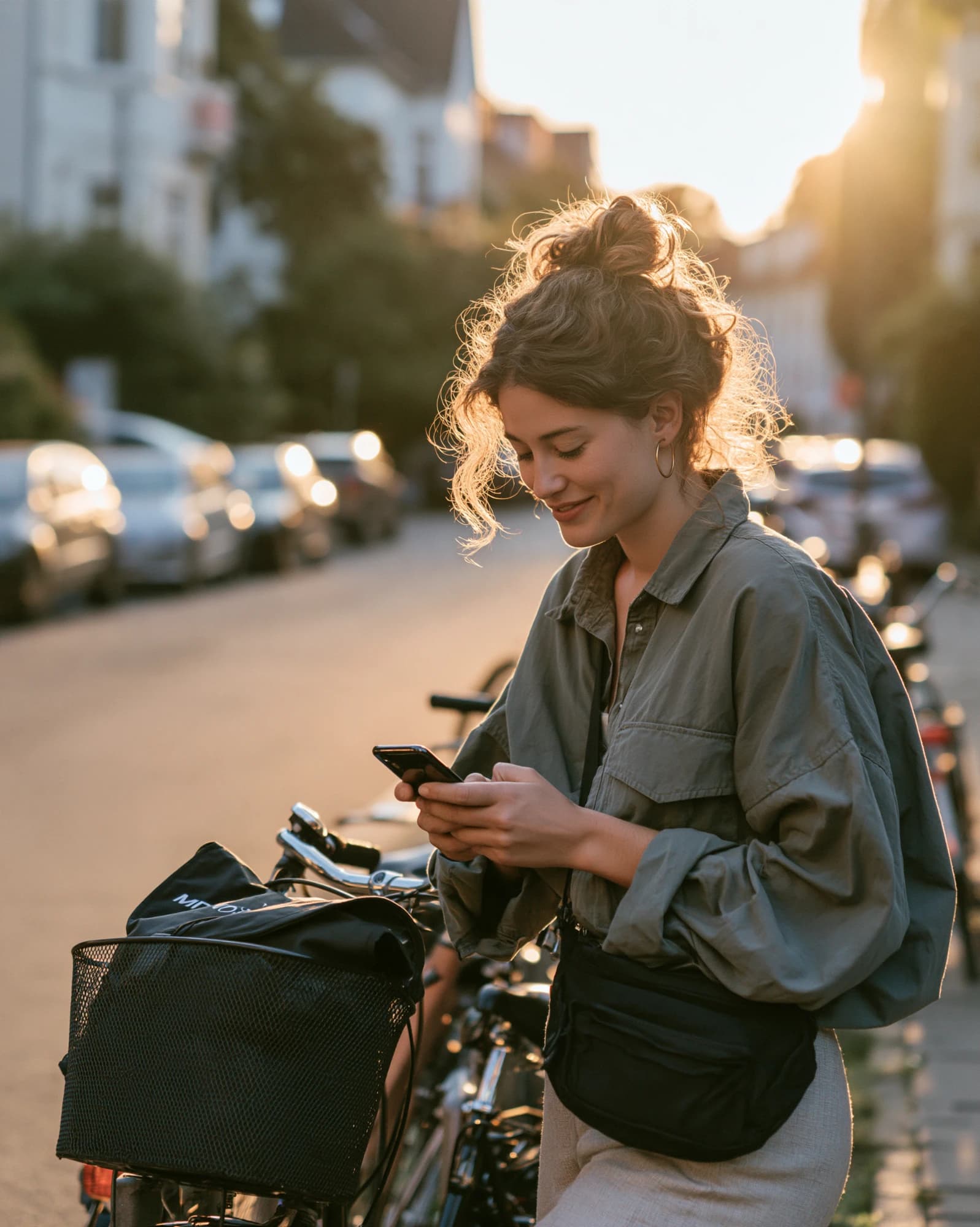 Midwife checking her phone next to her bicycle