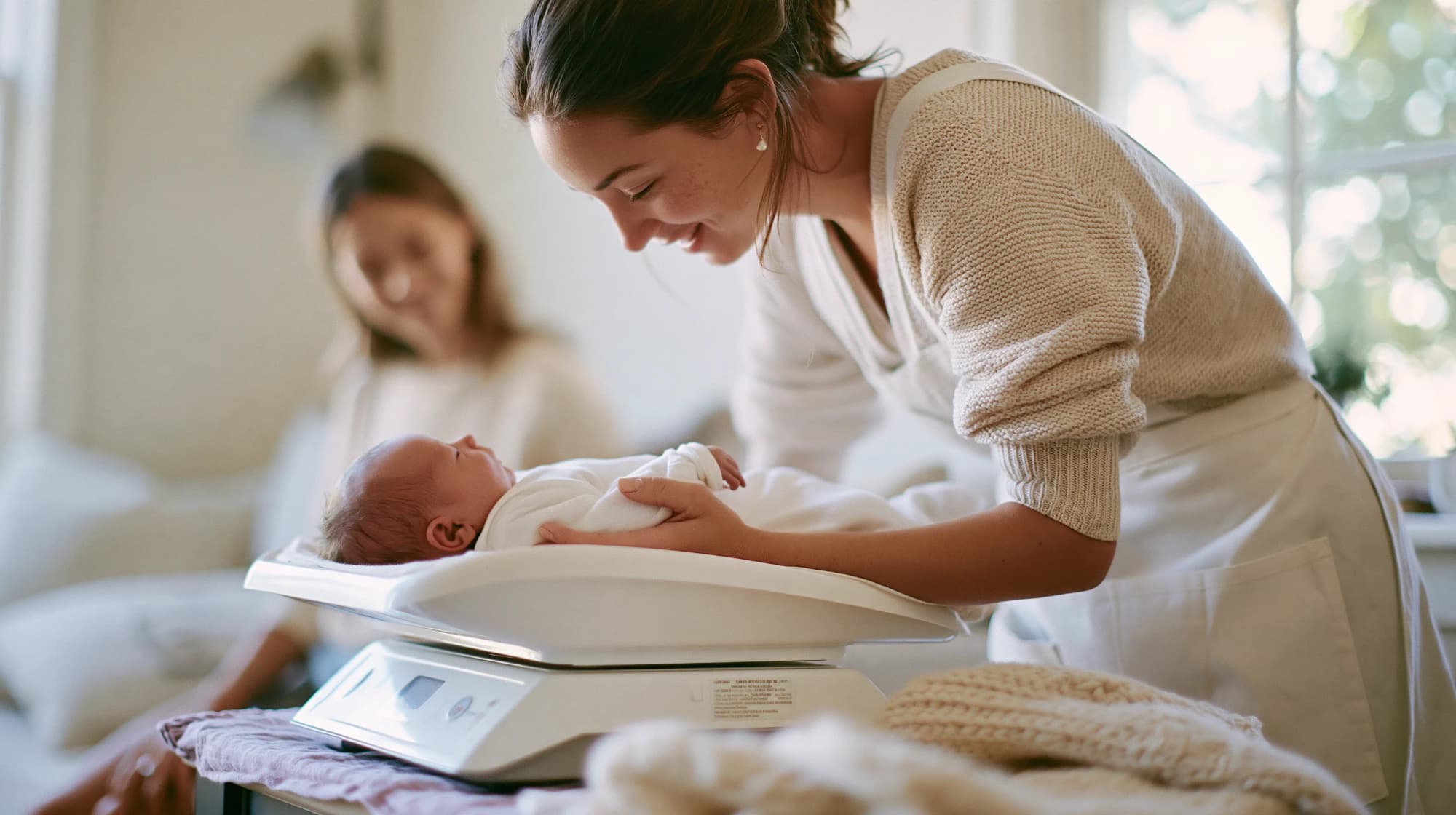 Midwife weighing a newborn during a home visit while the mother watches